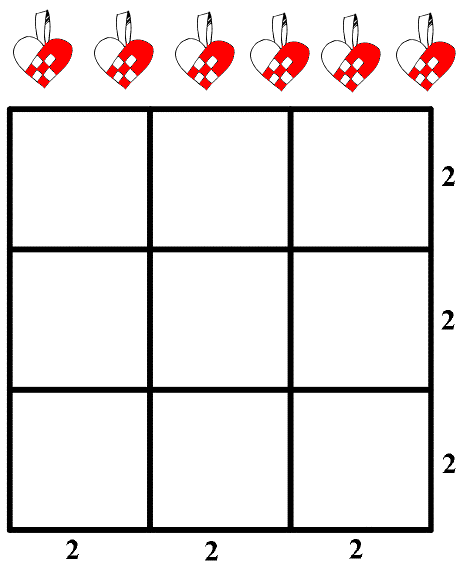 3 ganger 3 rutenett med 6 hjertekurver ved siden av. Det skal plasseres to hjertekurver i hver rad og hver kolonne.